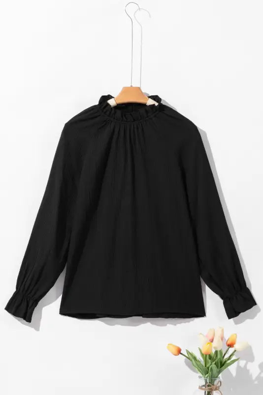 Black frilled mock neck ripple bubble sleeve blouse - tops