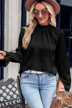 Frilled Mock Neck Ripple Bubble Sleeve Blouse - Fashionfitz