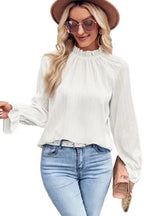 Frilled Mock Neck Ripple Bubble Sleeve Blouse - Fashionfitz