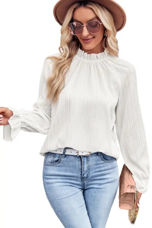 Black frilled mock neck ripple bubble sleeve blouse - tops