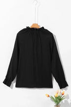 Frilled Mock Neck Ripple Bubble Sleeve Blouse - Fashionfitz