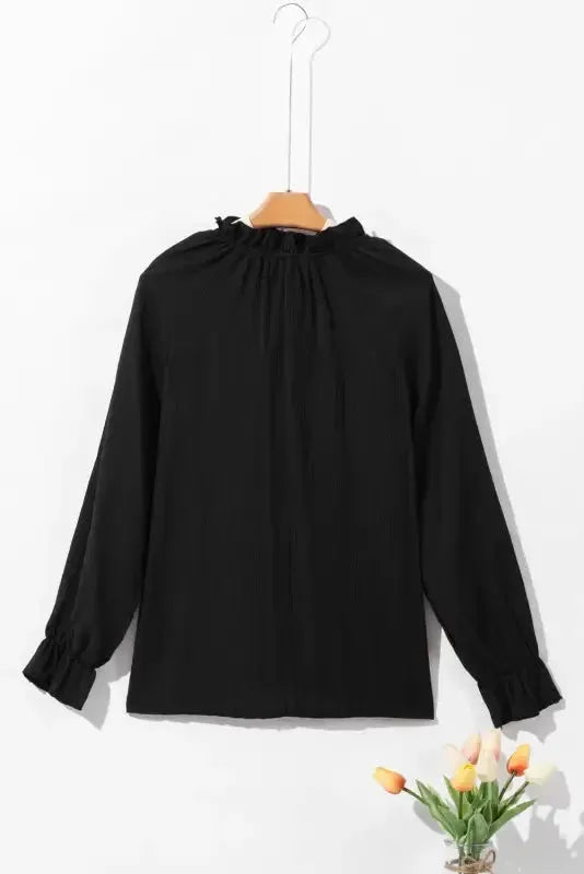 Frilled Mock Neck Ripple Bubble Sleeve Blouse - Fashionfitz