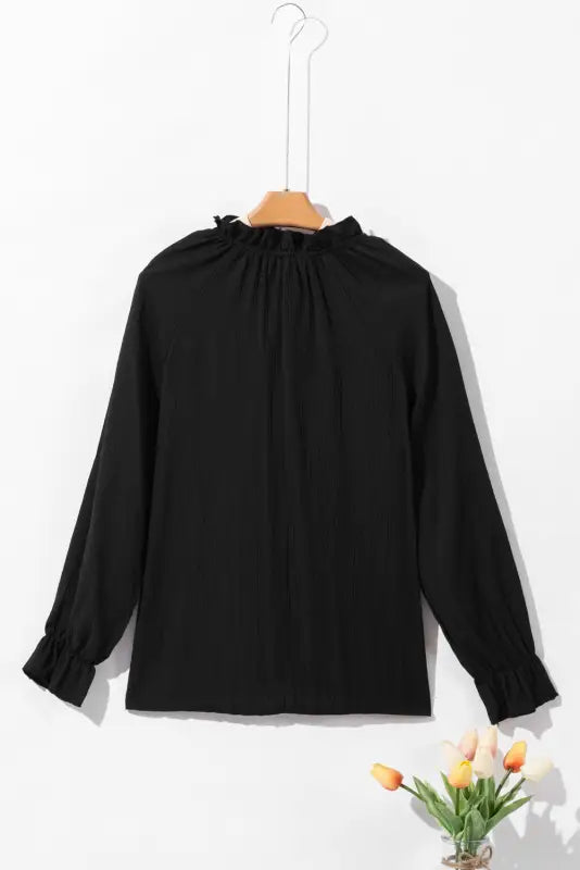 Black frilled mock neck ripple bubble sleeve blouse - tops