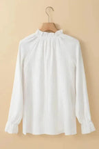 Frilled Mock Neck Ripple Bubble Sleeve Blouse - Fashionfitz