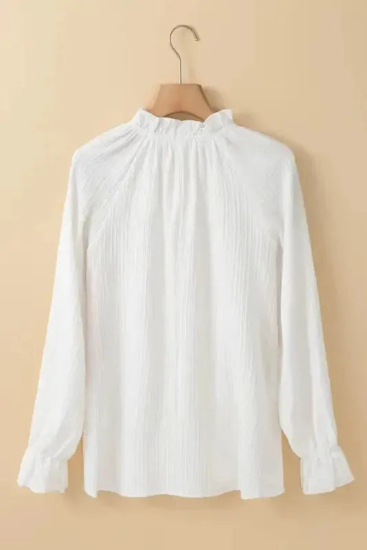 Frilled Mock Neck Ripple Bubble Sleeve Blouse - Fashionfitz