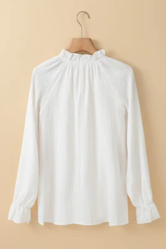 Black frilled mock neck ripple bubble sleeve blouse - tops