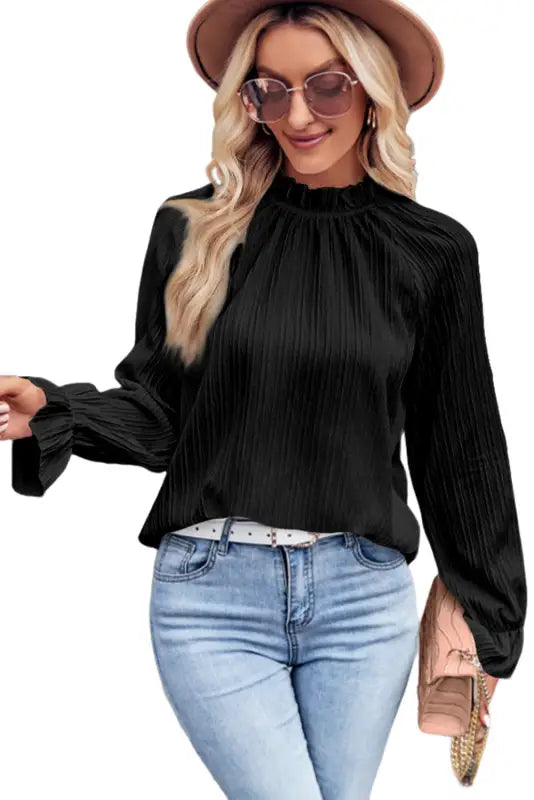 Black frilled mock neck ripple bubble sleeve blouse - tops