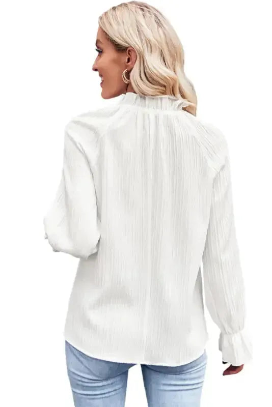 Frilled Mock Neck Ripple Bubble Sleeve Blouse - Fashionfitz