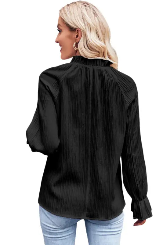 Black frilled mock neck ripple bubble sleeve blouse - tops