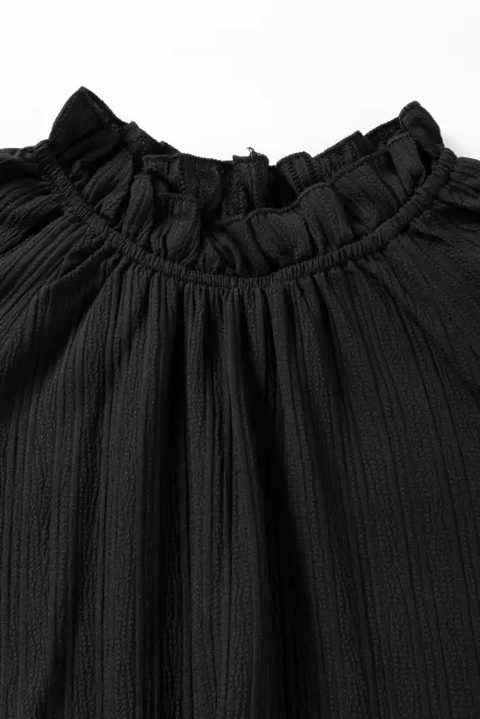 Black frilled mock neck ripple bubble sleeve blouse - tops