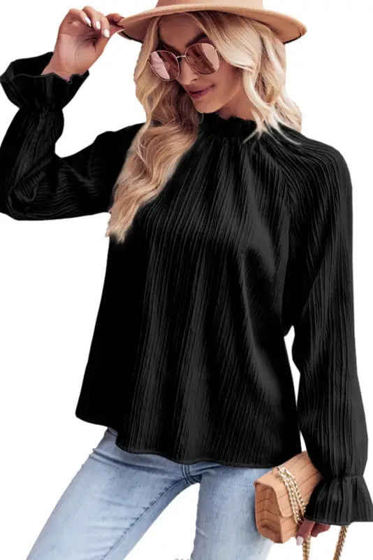 Black frilled mock neck ripple bubble sleeve blouse - tops