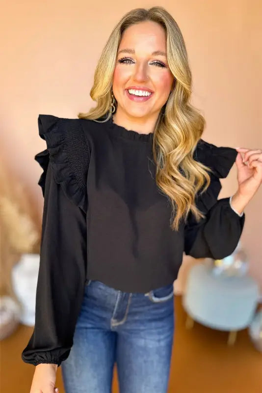 Black frilled neck ruffled trim bubble sleeve blouse - blouses & shirts