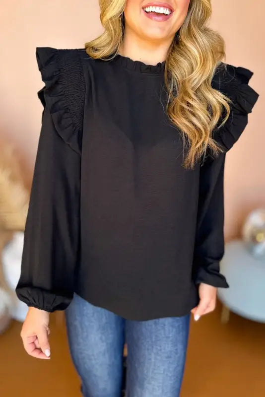 Black frilled neck ruffled trim bubble sleeve blouse - l / 100% polyester - blouses & shirts