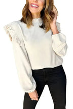 Frilled Neck Ruffled Trim Bubble Sleeve Blouse - Fashionfitz
