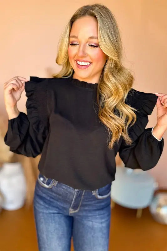 Black frilled neck ruffled trim bubble sleeve blouse - blouses & shirts