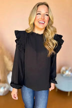 Frilled Neck Ruffled Trim Bubble Sleeve Blouse - Fashionfitz