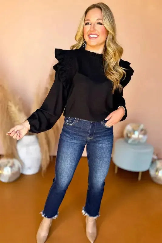 Frilled Neck Ruffled Trim Bubble Sleeve Blouse - Fashionfitz