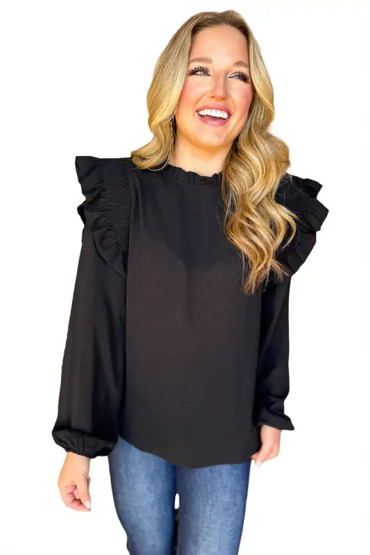 Black frilled neck ruffled trim bubble sleeve blouse - blouses & shirts