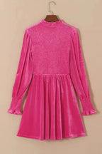 Frilled Neck Smocked Bodice Velvet Dress - Fashionfitz