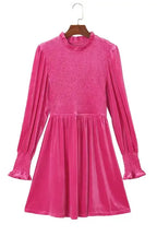 Frilled Neck Smocked Bodice Velvet Dress - Fashionfitz