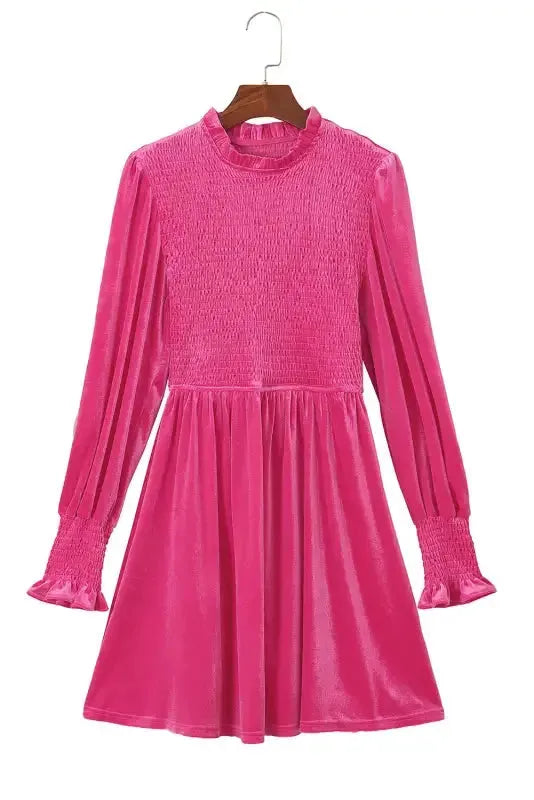 Frilled Neck Smocked Bodice Velvet Dress - Fashionfitz