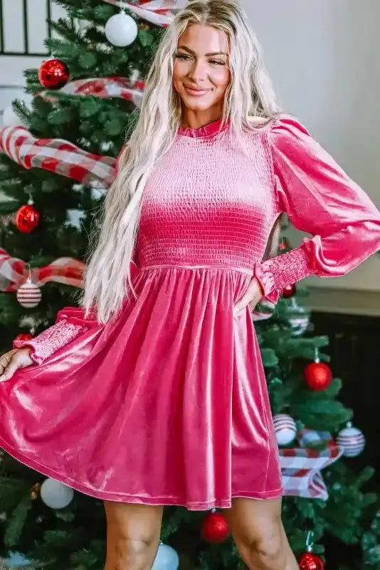 Pink Velvet Ruffled Mock Neck Smocked Shift Dress Pink / S / 95%Polyester+5%Elastane
