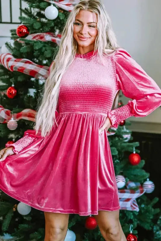 Frilled Neck Smocked Bodice Velvet Dress - Fashionfitz