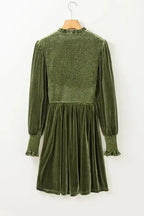 Frilled Neck Smocked Bodice Velvet Dress - Fashionfitz