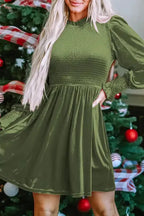 Frilled Neck Smocked Bodice Velvet Dress - Fashionfitz