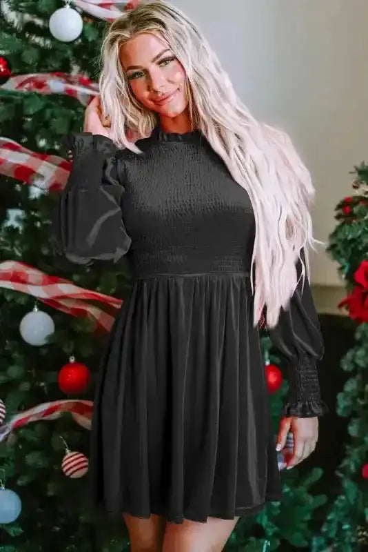 Front view of the Frilled Neck Smocked Bodice Velvet Dress by FashionFitz, styled for the holidays with a festive background.