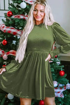 Frilled Neck Smocked Bodice Velvet Dress - Fashionfitz