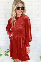 Frilled Neck Smocked Bodice Velvet Dress - Fashionfitz