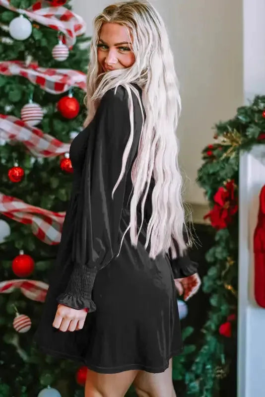 Frilled Neck Smocked Bodice Velvet Dress - Fashionfitz