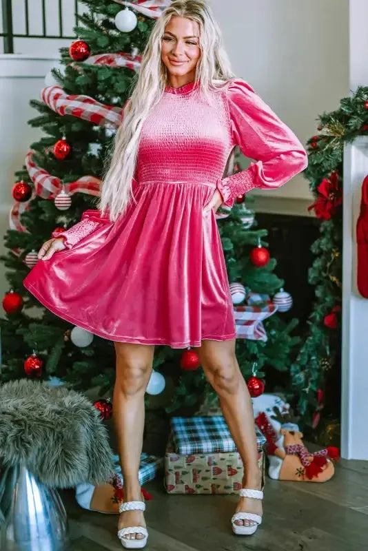 Frilled Neck Smocked Bodice Velvet Dress - Fashionfitz