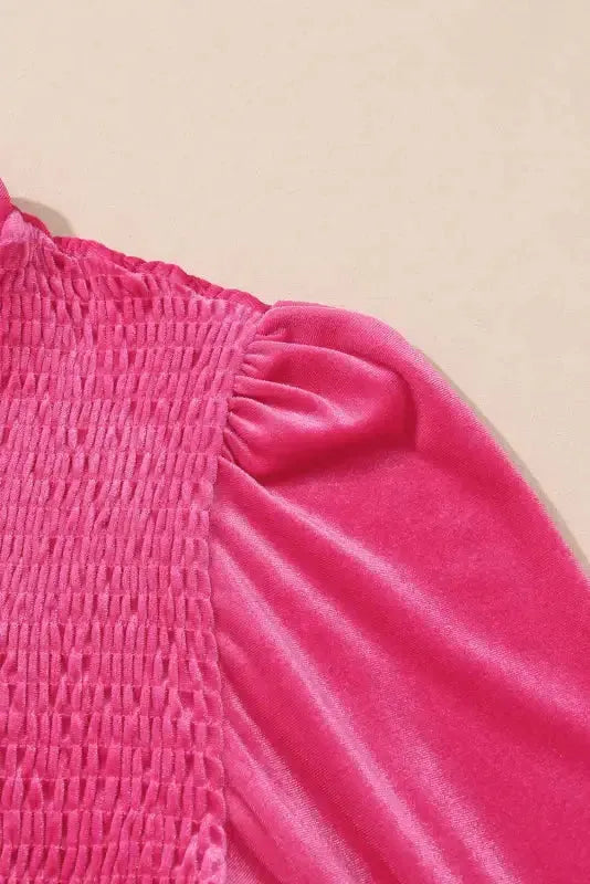Frilled Neck Smocked Bodice Velvet Dress - Fashionfitz