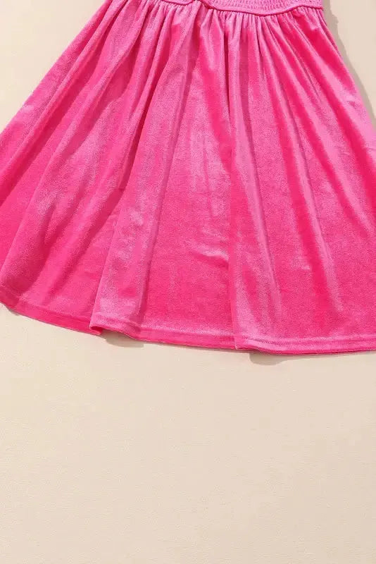 Frilled Neck Smocked Bodice Velvet Dress - Fashionfitz