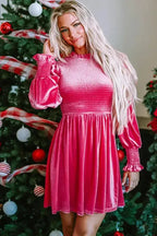 Frilled Neck Smocked Bodice Velvet Dress - Fashionfitz