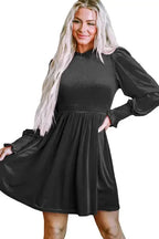 Frilled Neck Smocked Bodice Velvet Dress - Fashionfitz