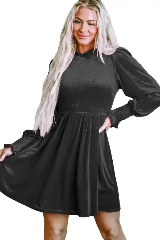 Isolated view of the Frilled Neck Smocked Bodice Velvet Dress by FashionFitz, showcasing its elegant design and flattering fit.