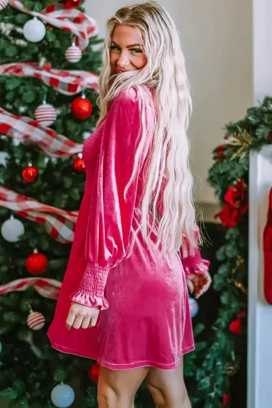 Frilled Neck Smocked Bodice Velvet Dress - Fashionfitz