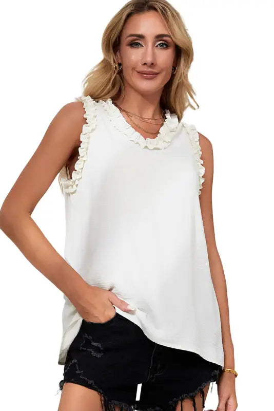 Rose frilled trim v neck tank top - tops