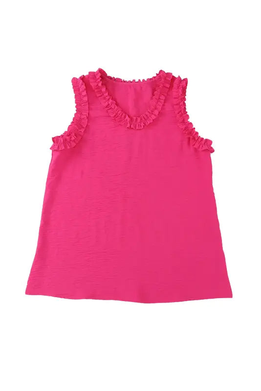 Rose frilled trim v neck tank top - tops