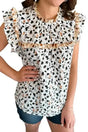 Leopard Ruffle Trim Stand Neck Flutter Blouse Women UK — front view showing white base leopard print and stand collar — Fashionfitz