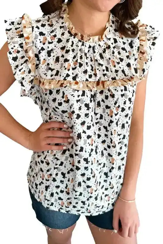 Leopard Ruffle Trim Stand Neck Flutter Blouse Women UK — front view showing white base leopard print and stand collar — Fashionfitz