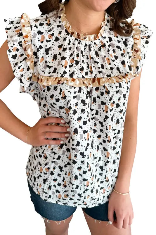 Frilly trim leopard print blouse - short sleeve blouses