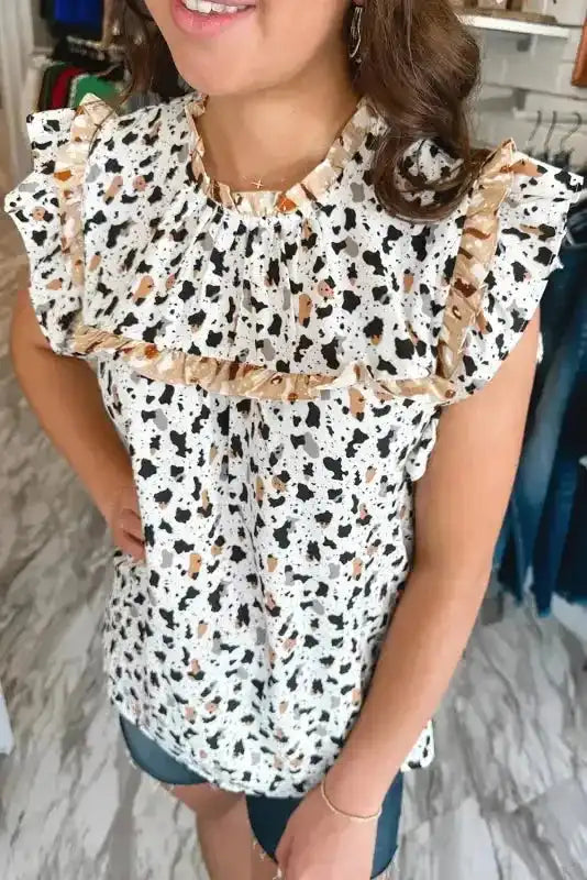Close-up of Leopard Print Blouse showing frilly ruffle trim detail at neckline and stand collar finish — Fashionfitz