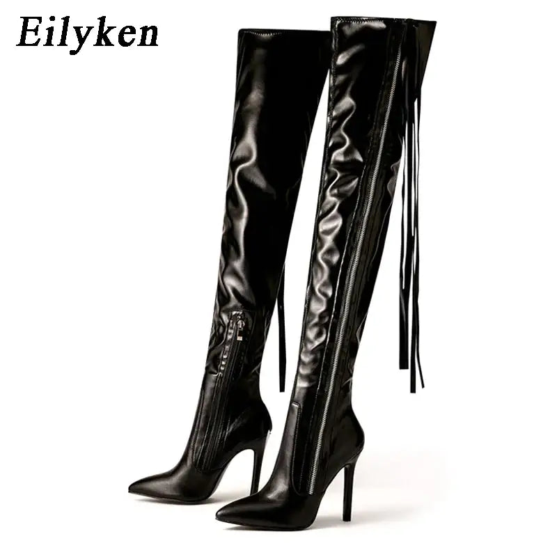 Fringe over the knee boots high heels - black / 35