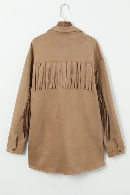 Fringe trim plus size suede shacket - jackets