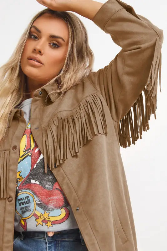 Fringe trim plus size suede shacket - jackets