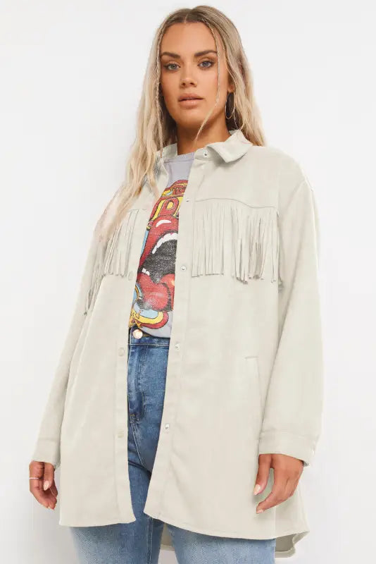 Fringe trim plus size suede shacket - jackets